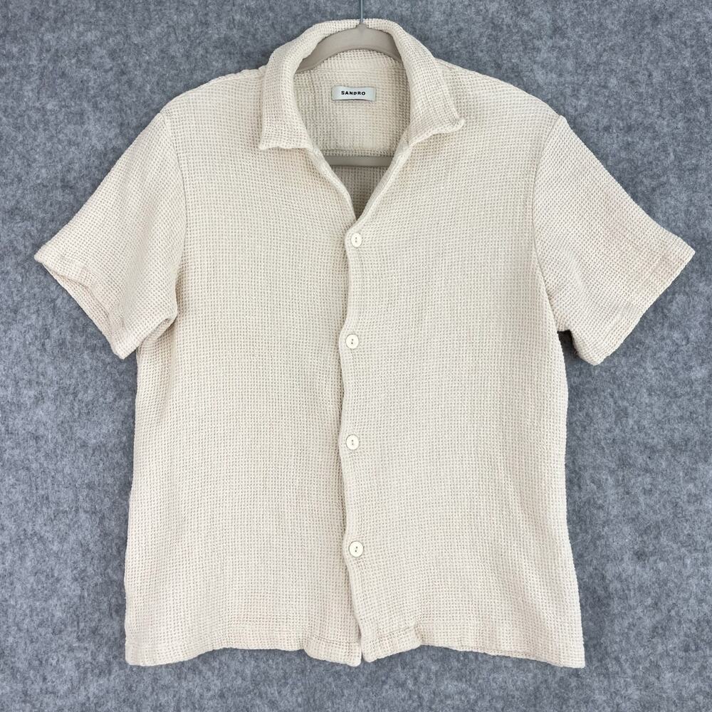 Sandro Paris Shirt Mens Medium Cream Waffle Knit Button Up Short Sleeve Minimal